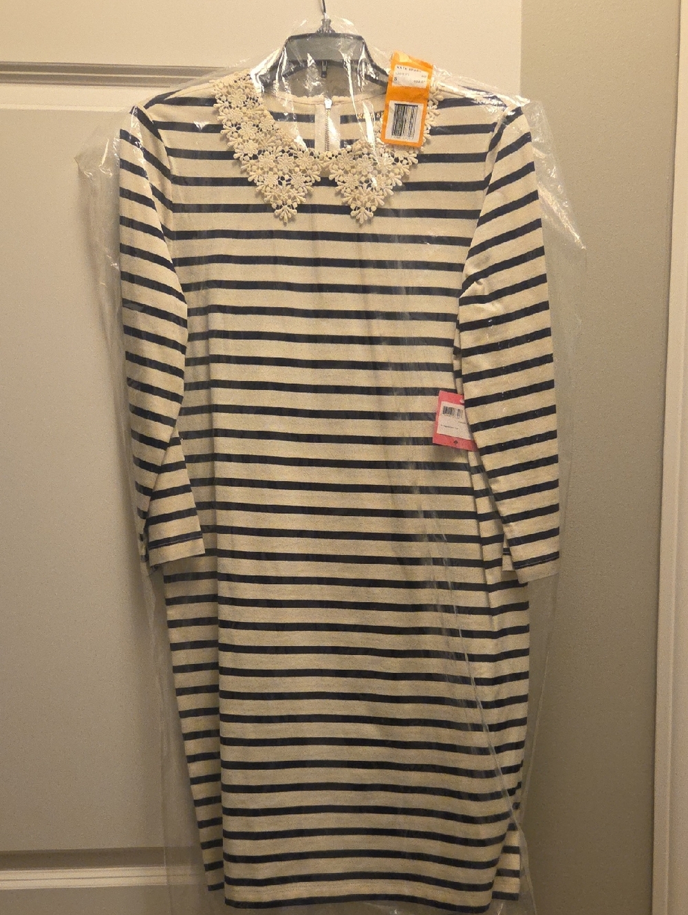 kate spade Navy and Cream Striped Dress with Lace Floral Collar - Small